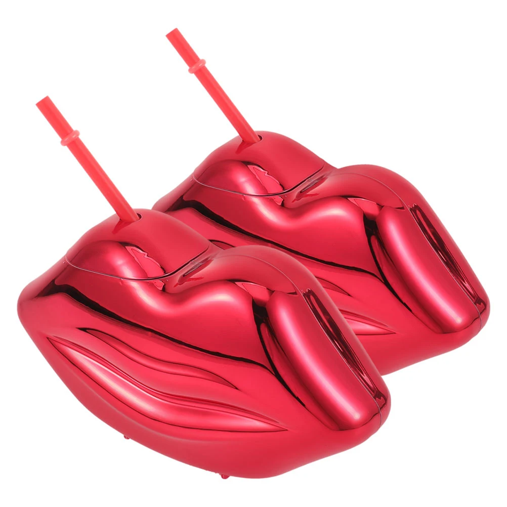 

2Pcs Red Lip Shaped Drinking Cup Electroplated Straw Lid Cute Tumbler Bottle for Wedding Party Beach Bar Home Office