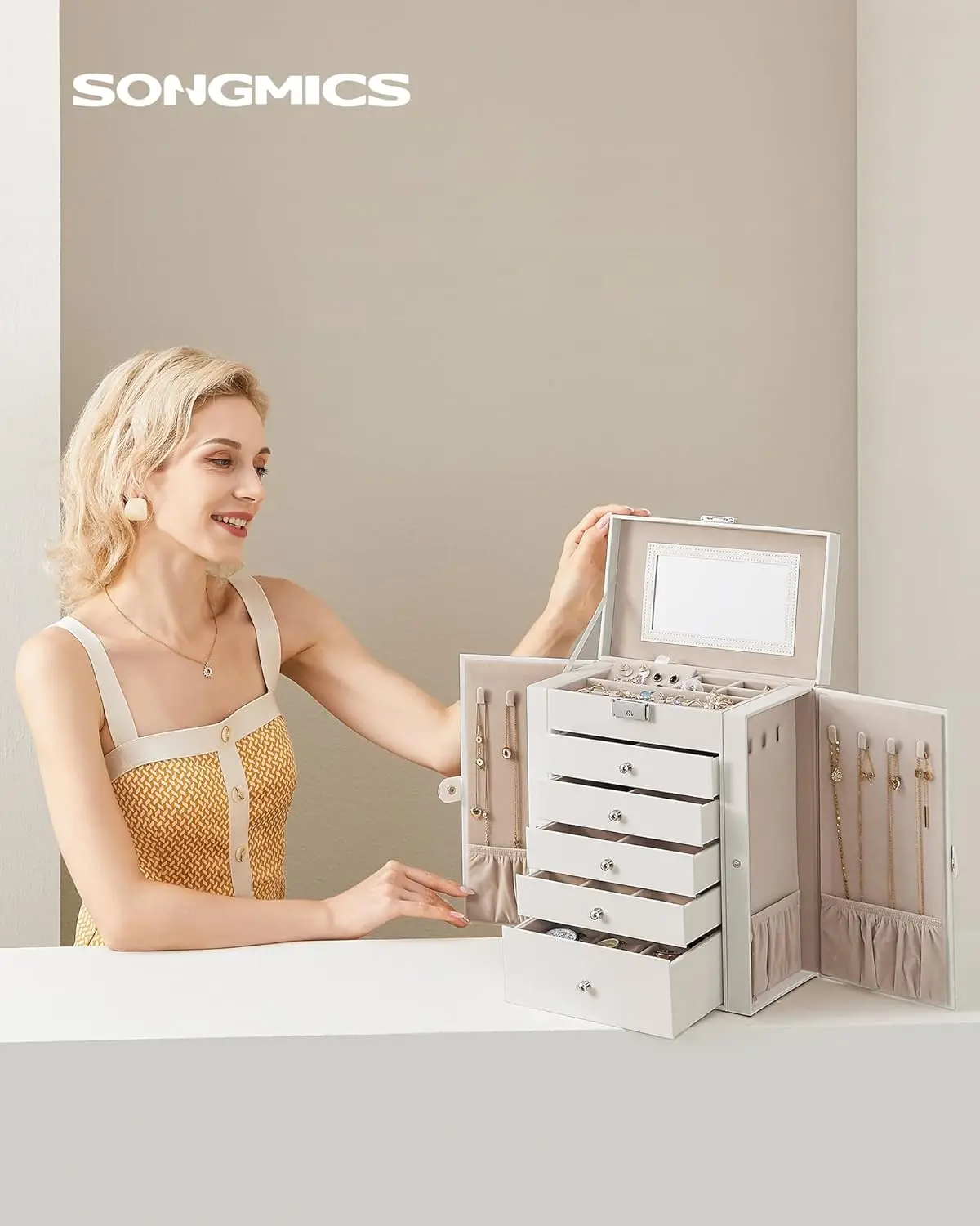 Joyero de 6 niveles, organizador de almacenamiento de joyas con 5 cajones, gran capacidad de almacenamiento, con espejo, con cerradura