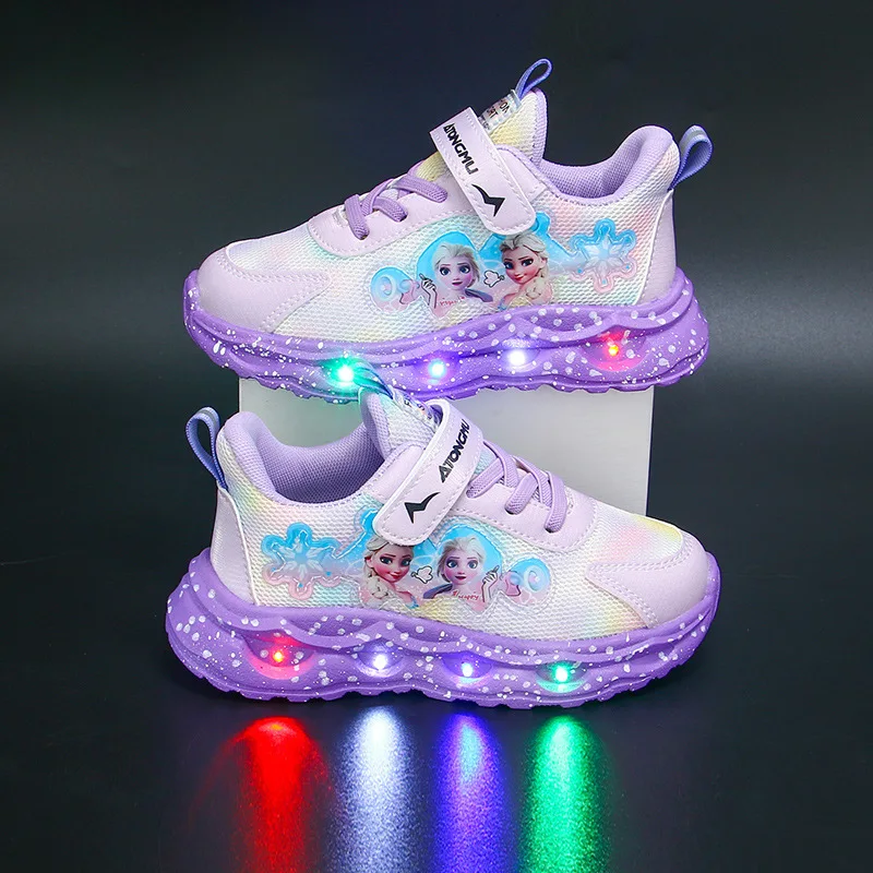 أحذية أطفال كاجوال مصباح ليد إلسا الأميرة المجمدة بولي Leather جلد الخريف احذية الجري للأطفال المضادة للانزلاق الأرجواني الوردي حجم 22-34 #2