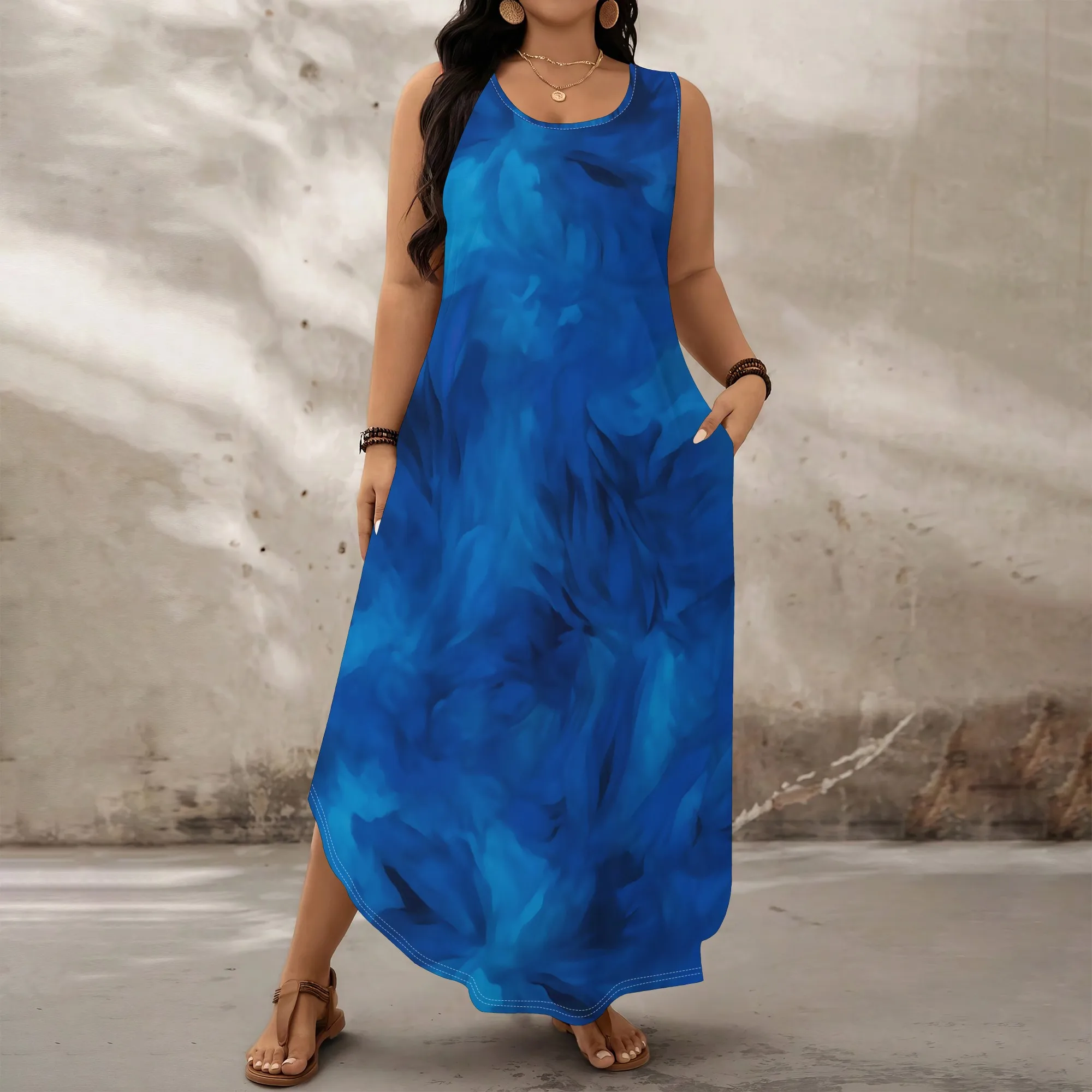 

Plus Size Women's Summer Maxi Dress, Blue Abstract Print Sleeveless Loose-Fit Long Dress with Pockets XL-6XL