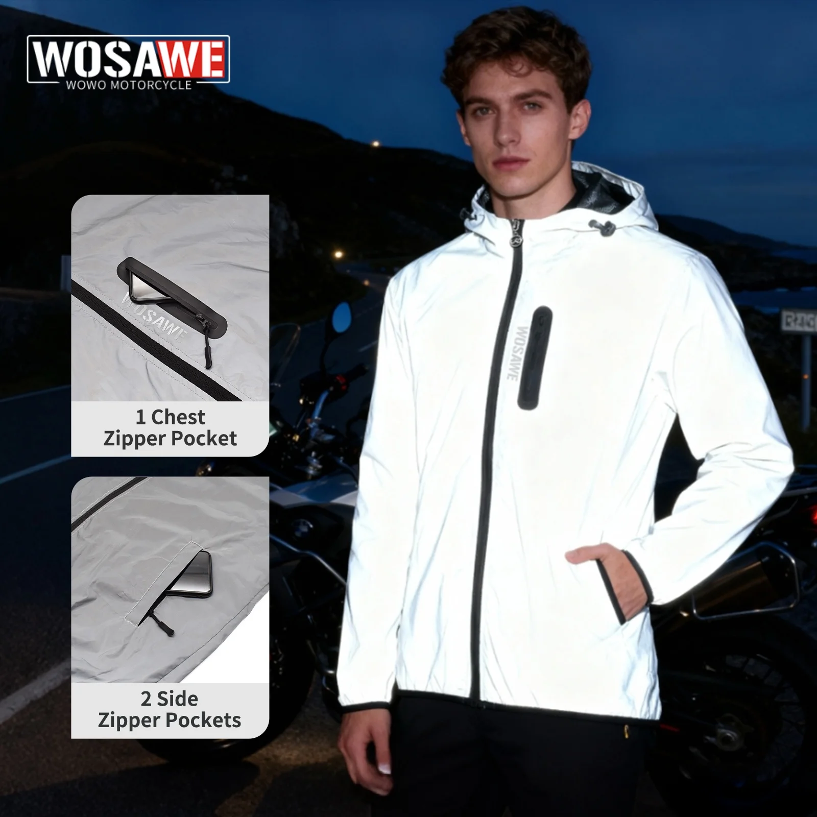 WOSAWE Motorcycle Fully Reflective Jacket Waterproof Reflective Breathable Resistant Off-road Motorcycle Bicycle Riding Jacket