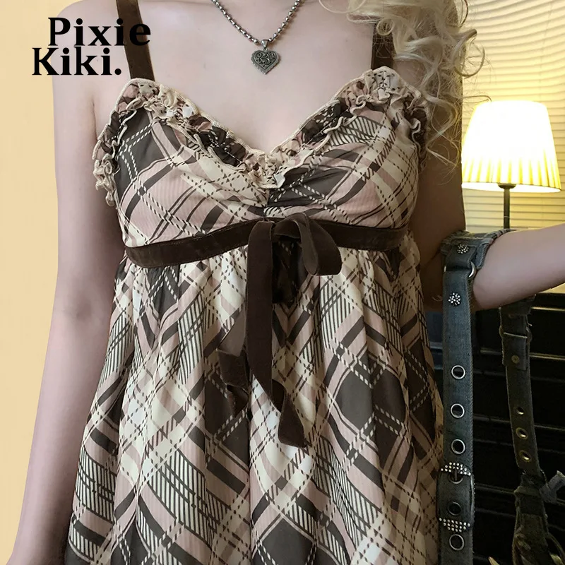 PixieKiki Brown Plaid Tank Tops for Women Gyaru Japanese 2000s Y2k Summer Bow Frill V Neck Backless Top Cute Clothing P84-CH14