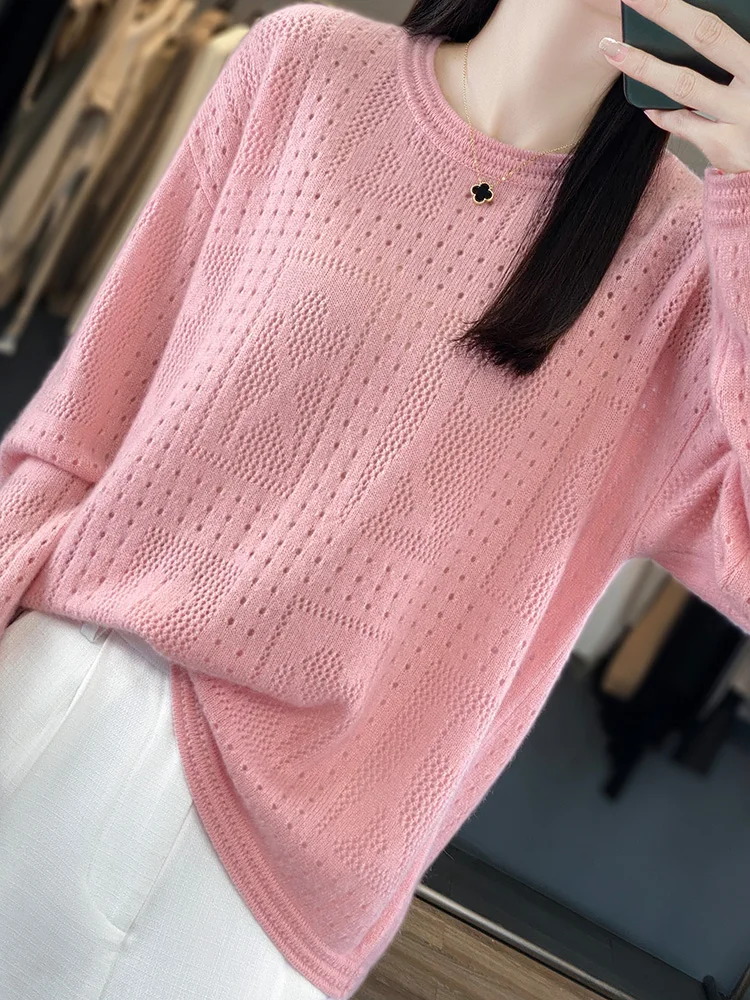 2024 Fashion musim semi musim gugur wanita Sweater kasmir 100% Merino wol rajut Pullover berlubang O-Neck Ladylike atasan lengan panjang