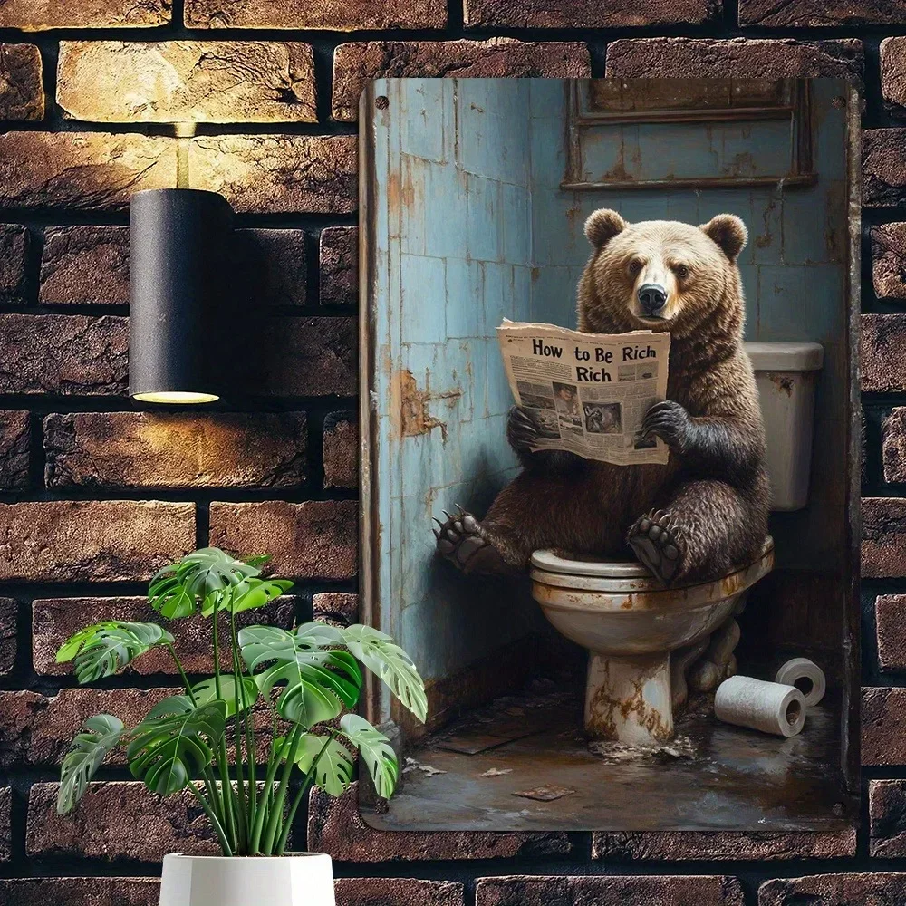Vintage Retro Bear Toilet Tin Sign 8x12in Waterproof Durable Aluminum Wall Art Funny Bathroom Decor Home Bar Cafe Club