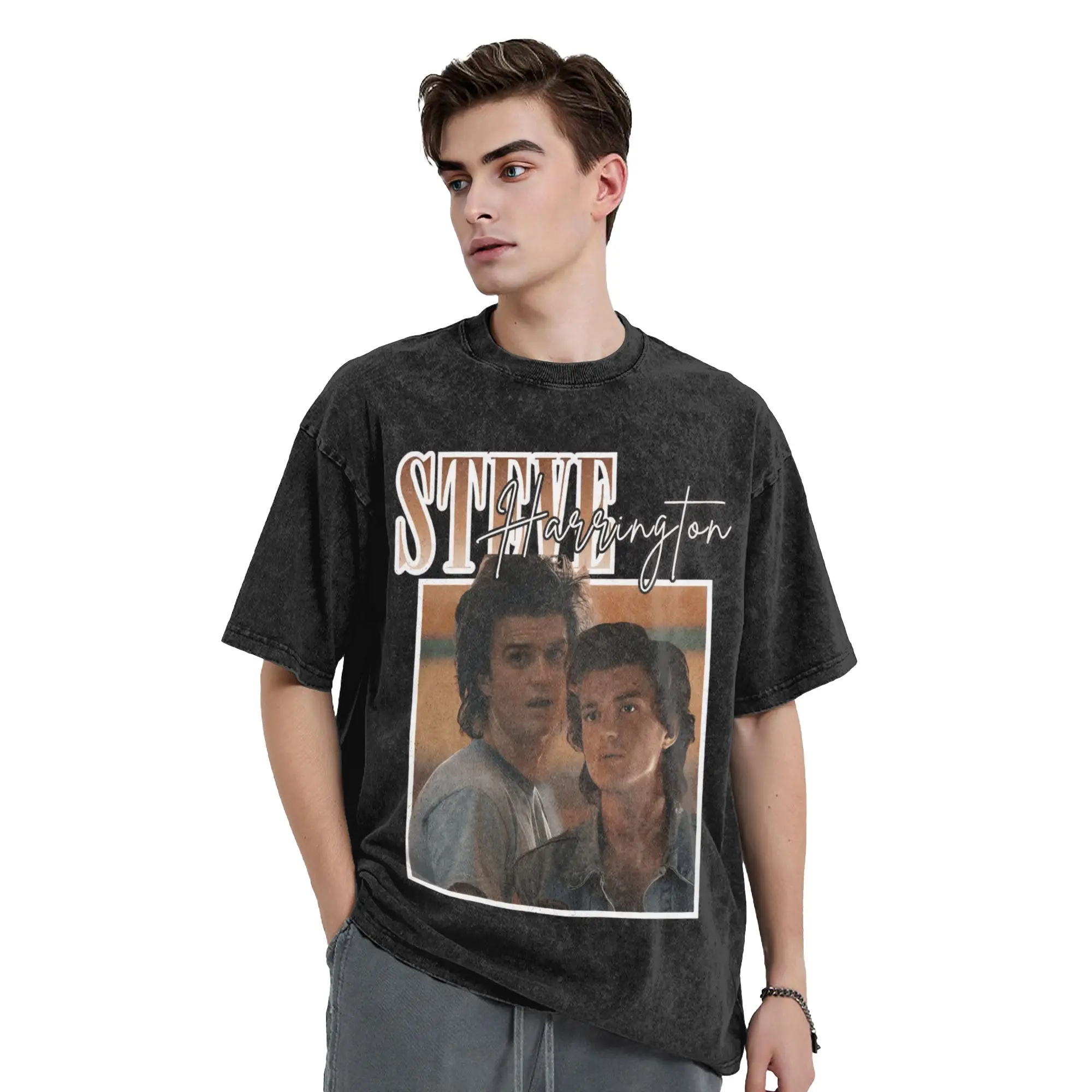 تي شيرت Streetwear Washed تي شيرت ستيف هارينجتون قطن تي شيرت عصري للرجال ملابس كاجوال جمالية صيفية