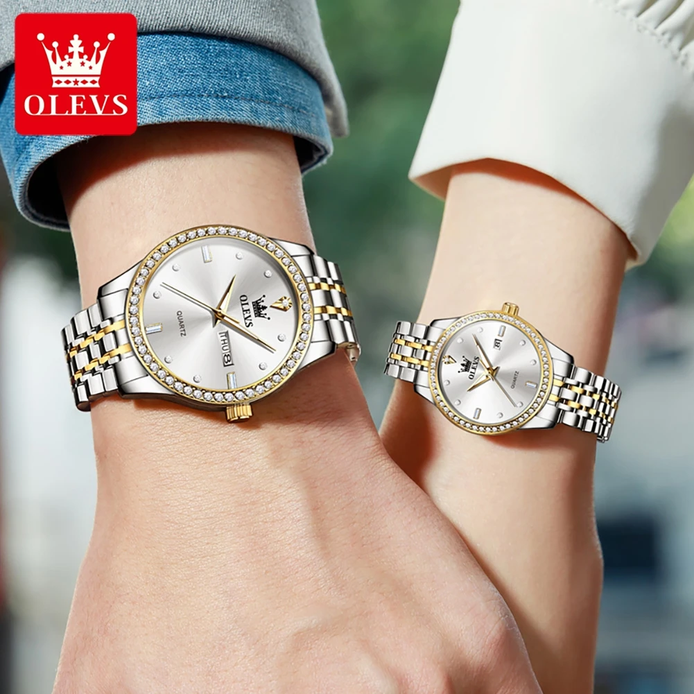 OLEVS Couple Watch Luxury Brand Business Waterproof Stainless Steel Watch Elegant Dress His or Her Diamond Quartz Couple Watch