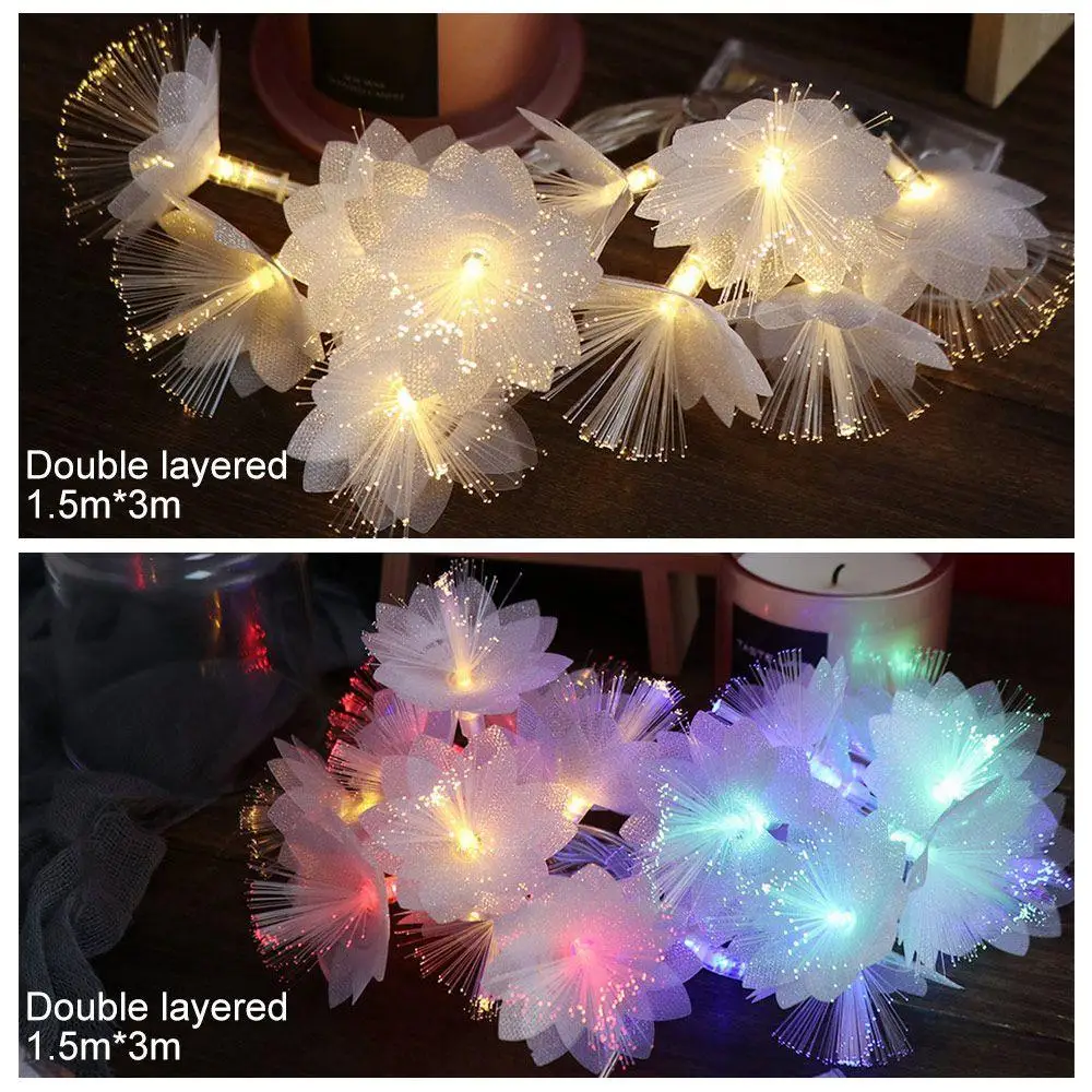 LED Fiber Optic Flower String Lights Flash Double Layered Fairy Lamps Battery Powered 1.5M/3M Christmas Tree Flower Lights