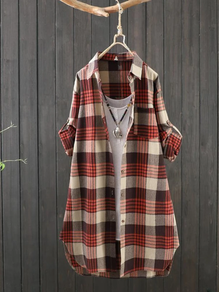 Plus Size Cotton Linen Medium Long Plaid Women Autumn Shirt Vintage Casual Female Shirts Coat Loose Blouse Winter Clothes