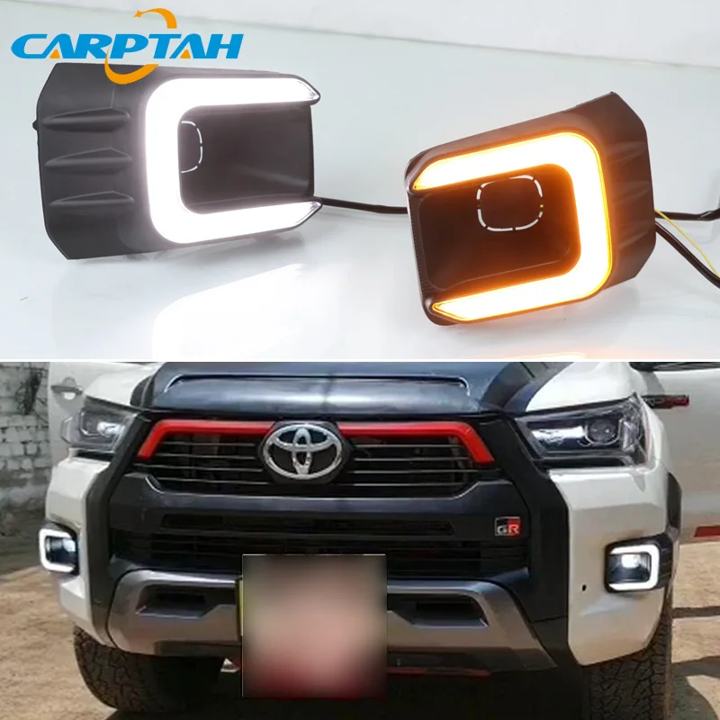 Car LED DRL 12V Daylights For Toyota Hilux Revo Recco 2020 2021 Yellow Turn Signal Daytime Running Headlamps Auto Driving Lamp