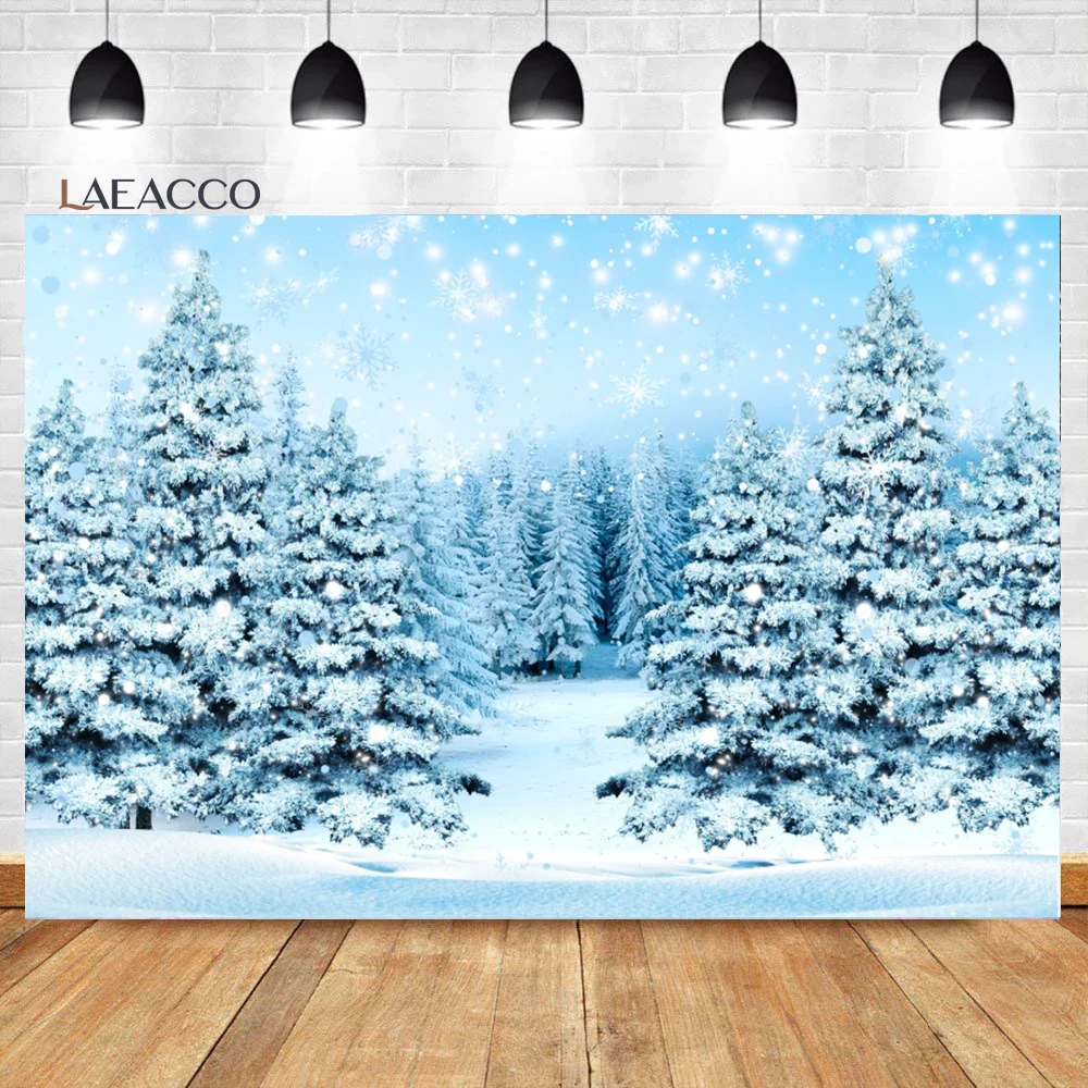 

Laeacco Winter White Snow Wonderland Backdrop Christmas Pine Tree Snowflake Forest Outdoor Adult Portrait Photography Background