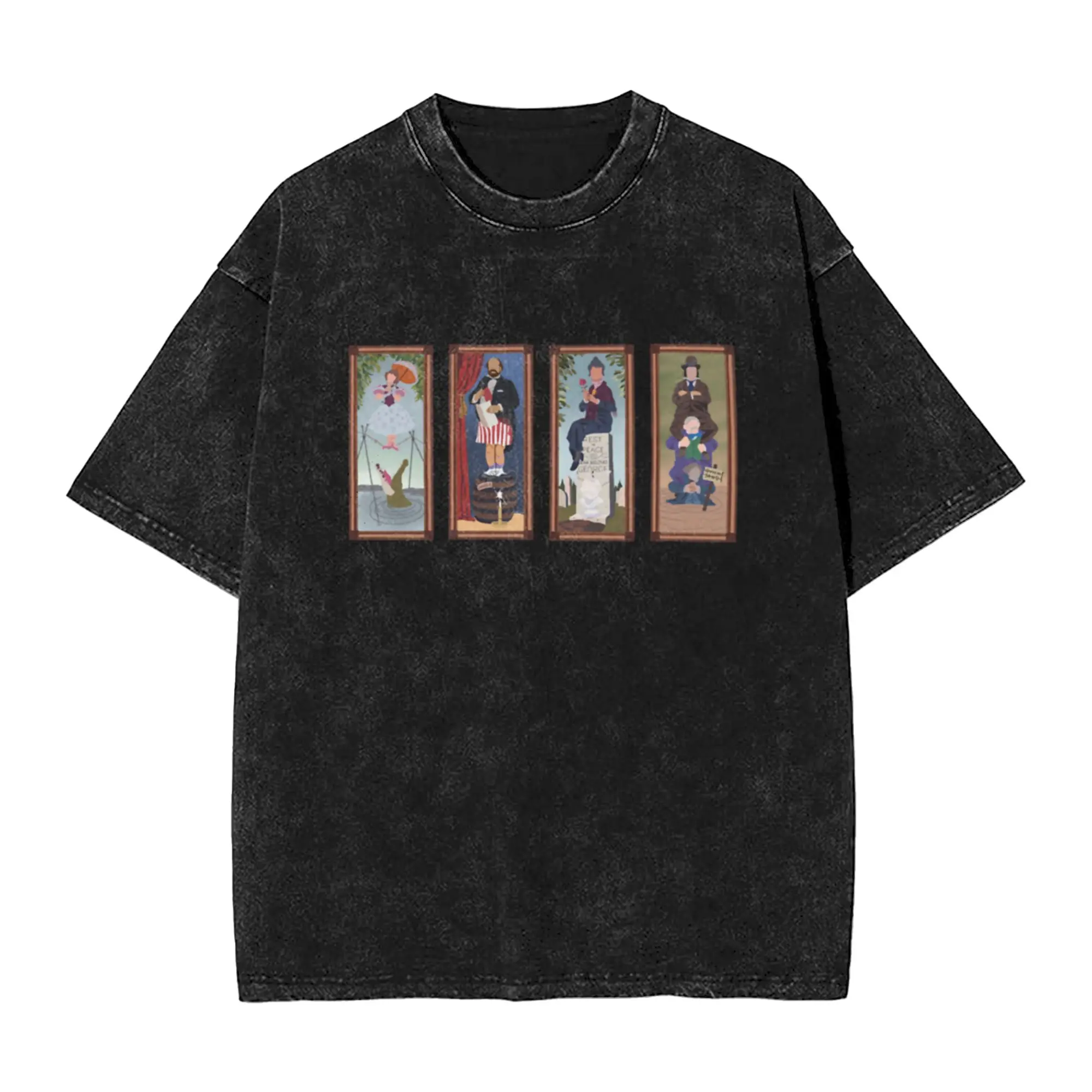 Minimalist Haunted Mansion Stretching Room Portraits  Unique Trendy A Washed T Shirt Men's Women's Oversized Cotton Tees Tops
