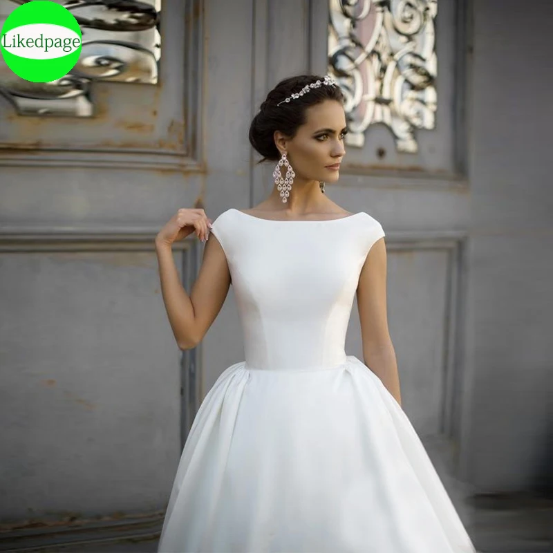 

Simple Satin Wedding Dresses For Women2023 Bride Cap Sleeves Vestidos Chaple Train De Novia Boda Suknia Ślubna Robe Mariée