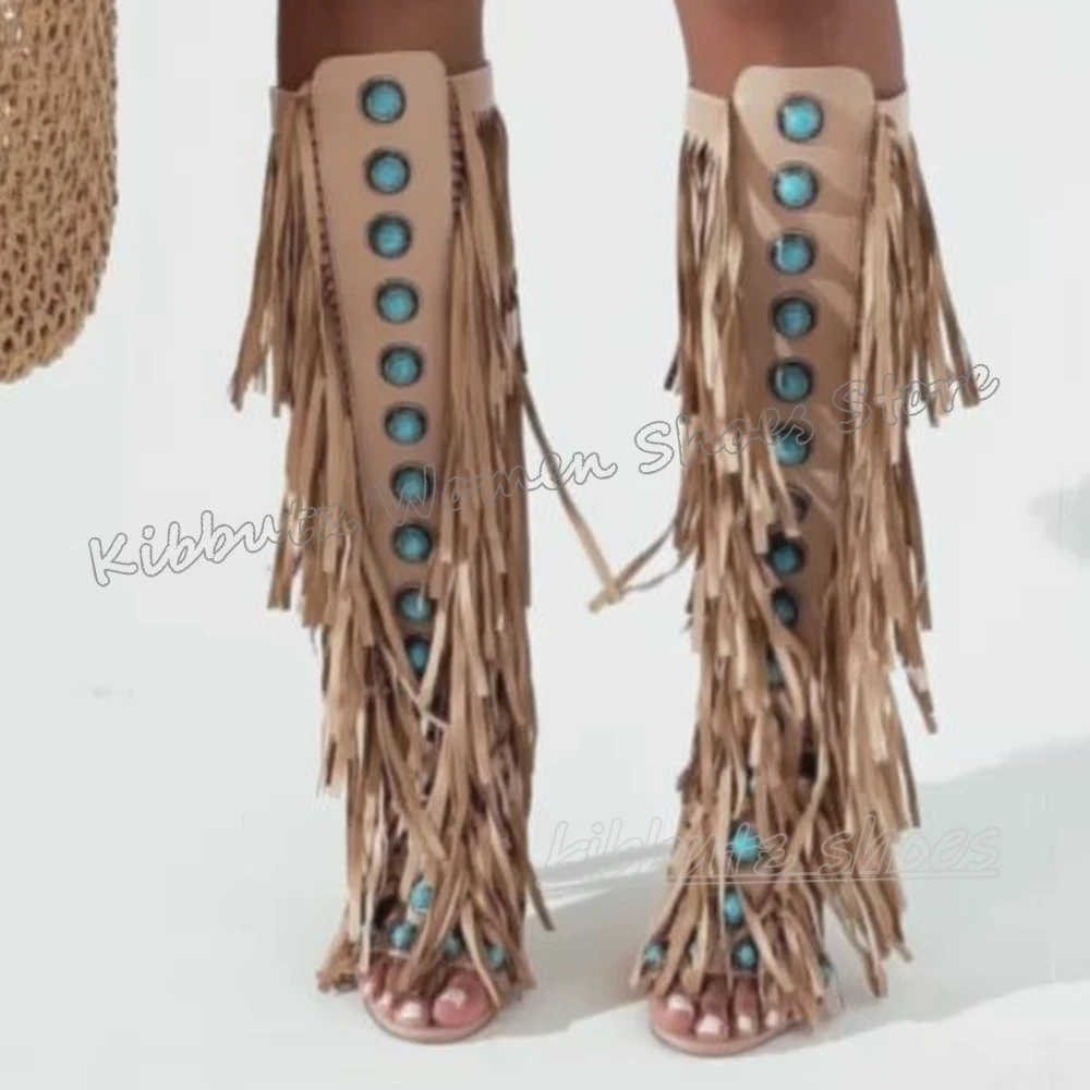 

Tassels Sandals Knee High Boots Suede Crystal Fashion Luxury Elegant Concise Women Shoes Newest Glossy Solid Color Cross Strap