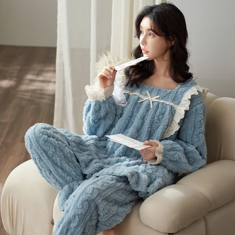 Winter Flannel Elegant Women Cartoon Sleepwear Girls Pajamas Pajama Sets Nightwear Coral Fleece Pijamas Mujer Homewear Fashion