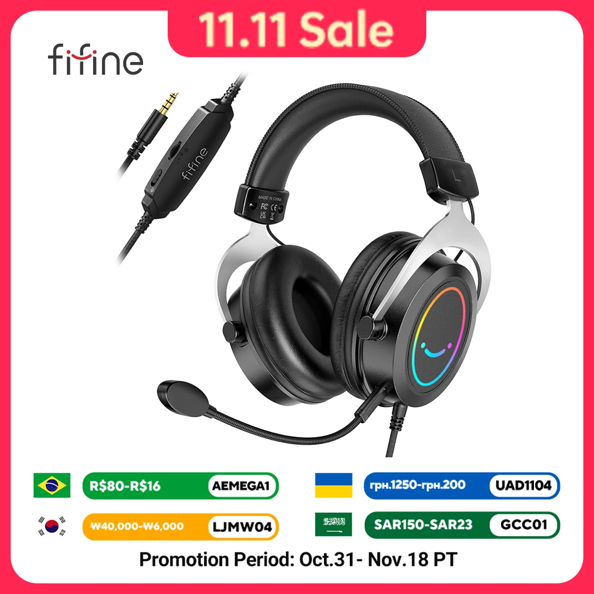FIFINE-Auscultadores RGB para jogos, auscultadores intra-auriculares, microfone destacável, controlo de linha, 3,5mm, PC,PS4, 5,Switch,Xbox, Telemóvel-AMPLIGAME H3