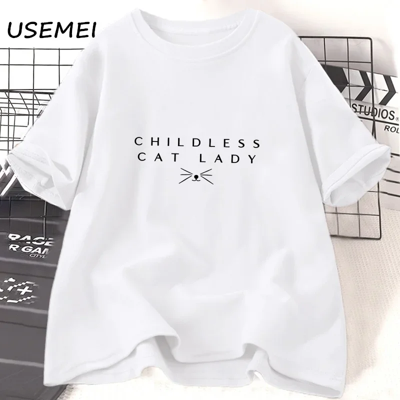 Childless Cat Lady T-shirt Women Femme Fit Relaxed T Shirt Casual Cotton Short Sleeve Round Neck Tshirt Streetwear Women's Tops