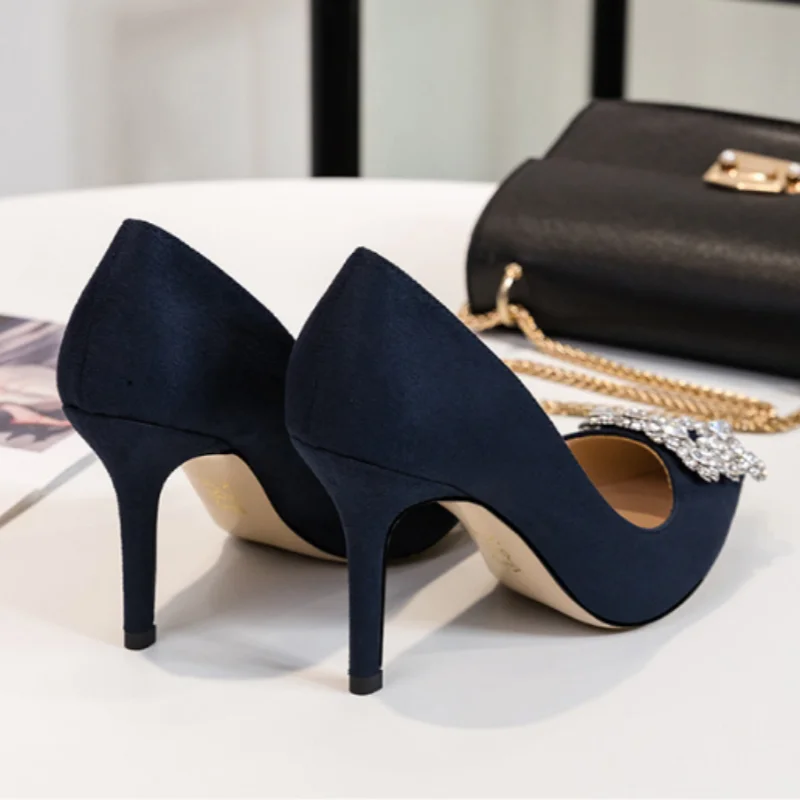 Women White Snow Flower Crystal Pumps 7&9 cm Super High Heeled Flock Shoes Pointy Toe Slip-On Yellow Royal Blue Pumps Small Tip