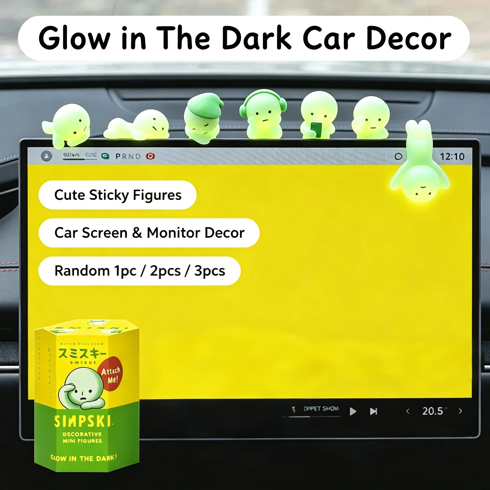 Luminous Mini Figure Blind Box, Glow In Dark Cute Sticky Character Ornament, Car & Monitor Decor, Random 1/2/3Pcs