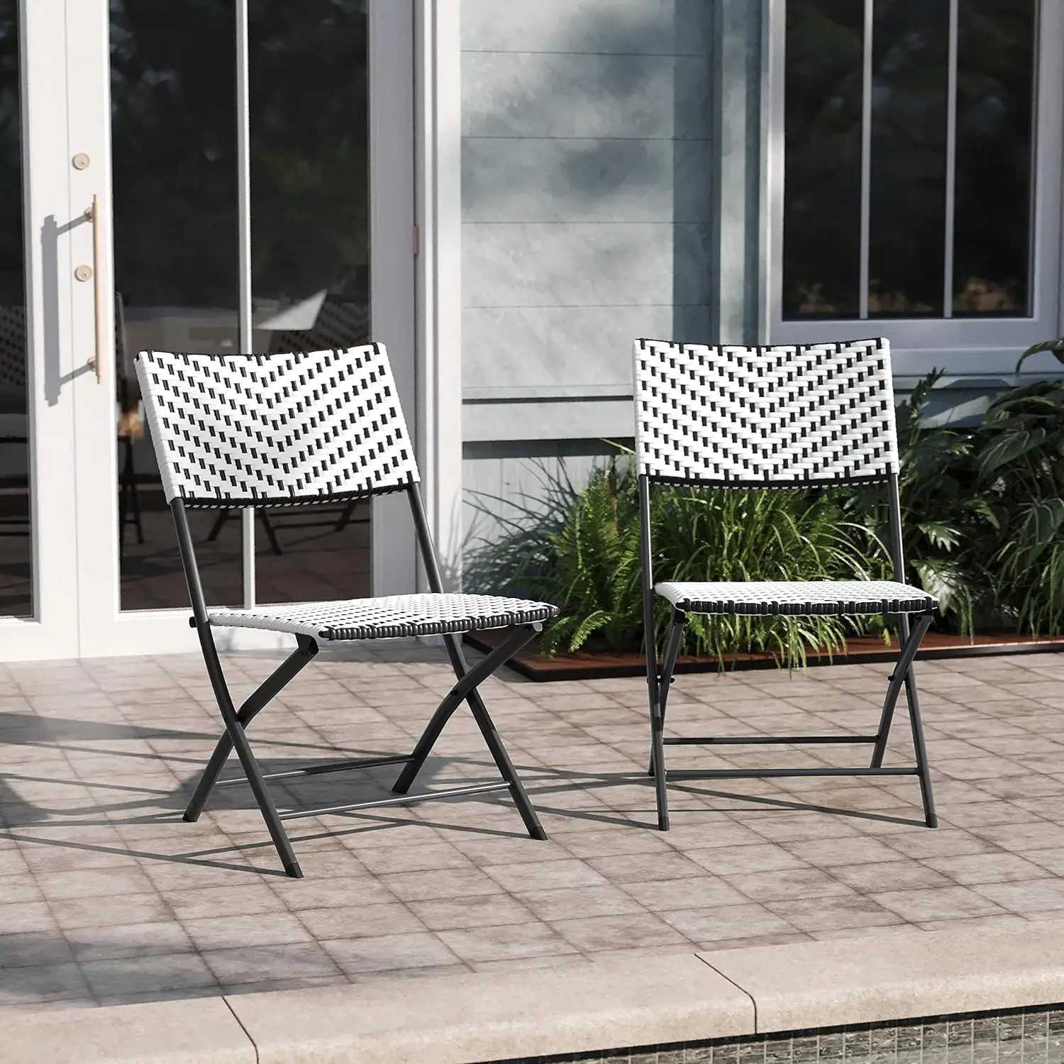 

Comfort corner Ciel Two Piece Folding French Bistro Chairs - Black and White PE Rattan - Black Metal Frames - Indoor/Outdoor Use