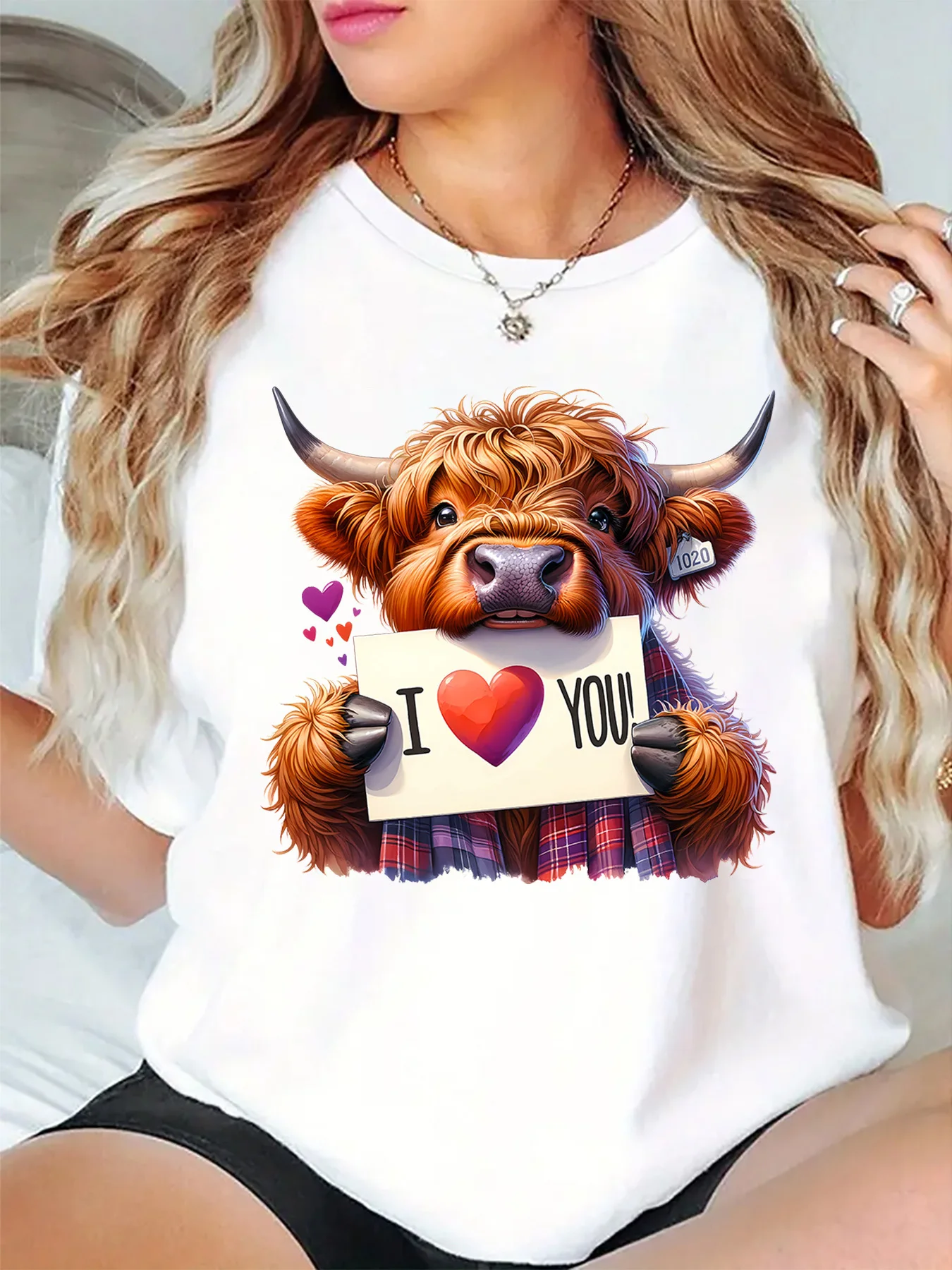 Womens O Neck Short Sleeve T Shirt Cute Highland Cow I Love You Heart Plaid Valentine Animal Graphic Casual Daily Ladies Tops