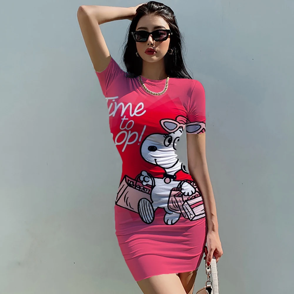 

American Multi-color Tight Fitting Hip Wrap Dress with Pleats Fashionable European and American Slim Fit Dress for Women Snoopy