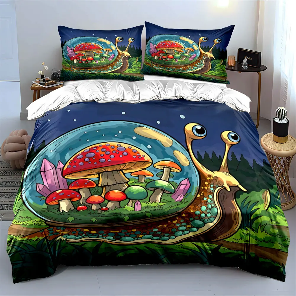Snail Mushroom Fantasy Decoration Set Soft Skin-Friendly Bedding Set Includes 1 Duvet Cover And 2 Pillowcase, Gift