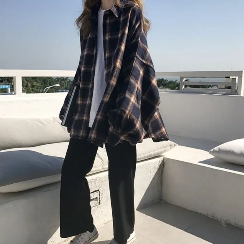 QWEEK Oversized Plaid Shirt Women Vintage Korean Fashion Casual Latern Sleeve Streetwear Button Up Blouses Youth Autumn Clothes