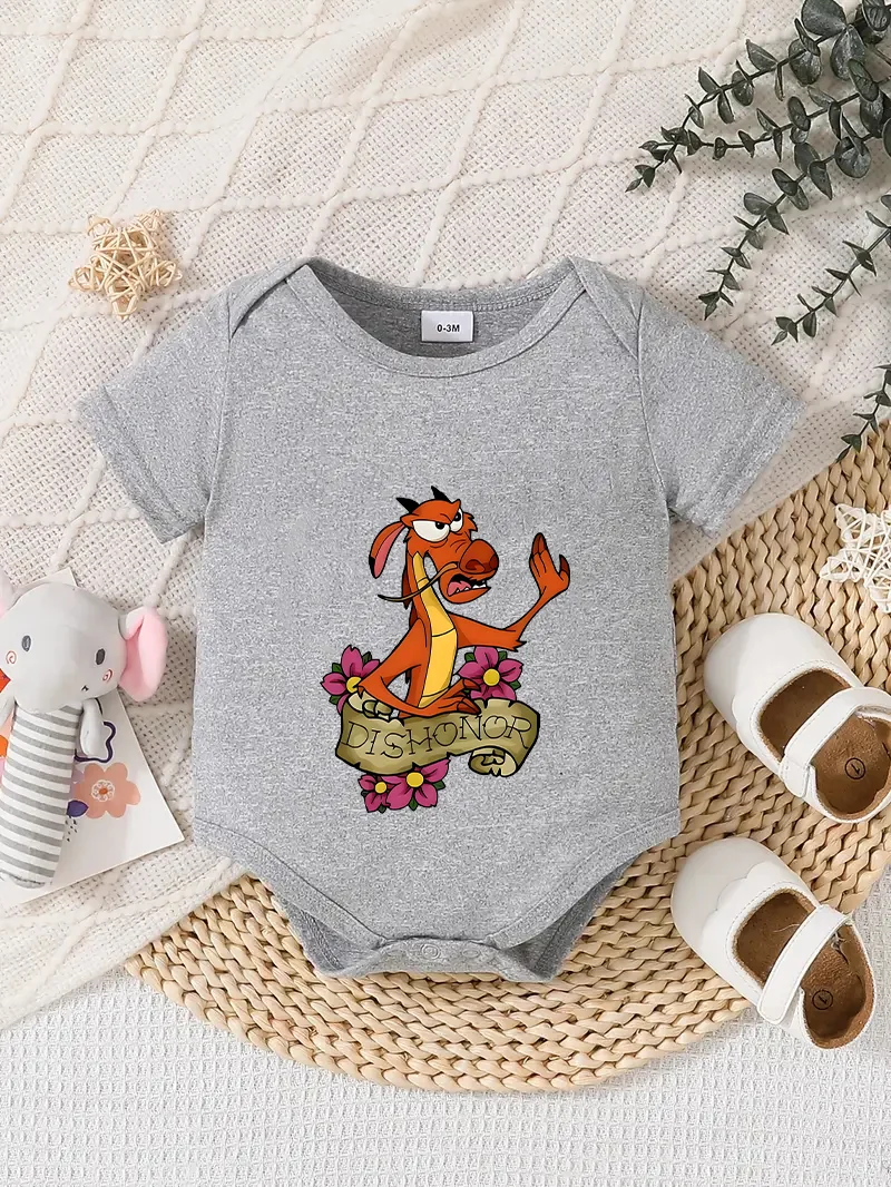 

【Officially Authorized】 Disney "Mushu" Baby triangle onesie | Gentle & Snuggly Fabric, Floral Dishonor Mushu Graphic