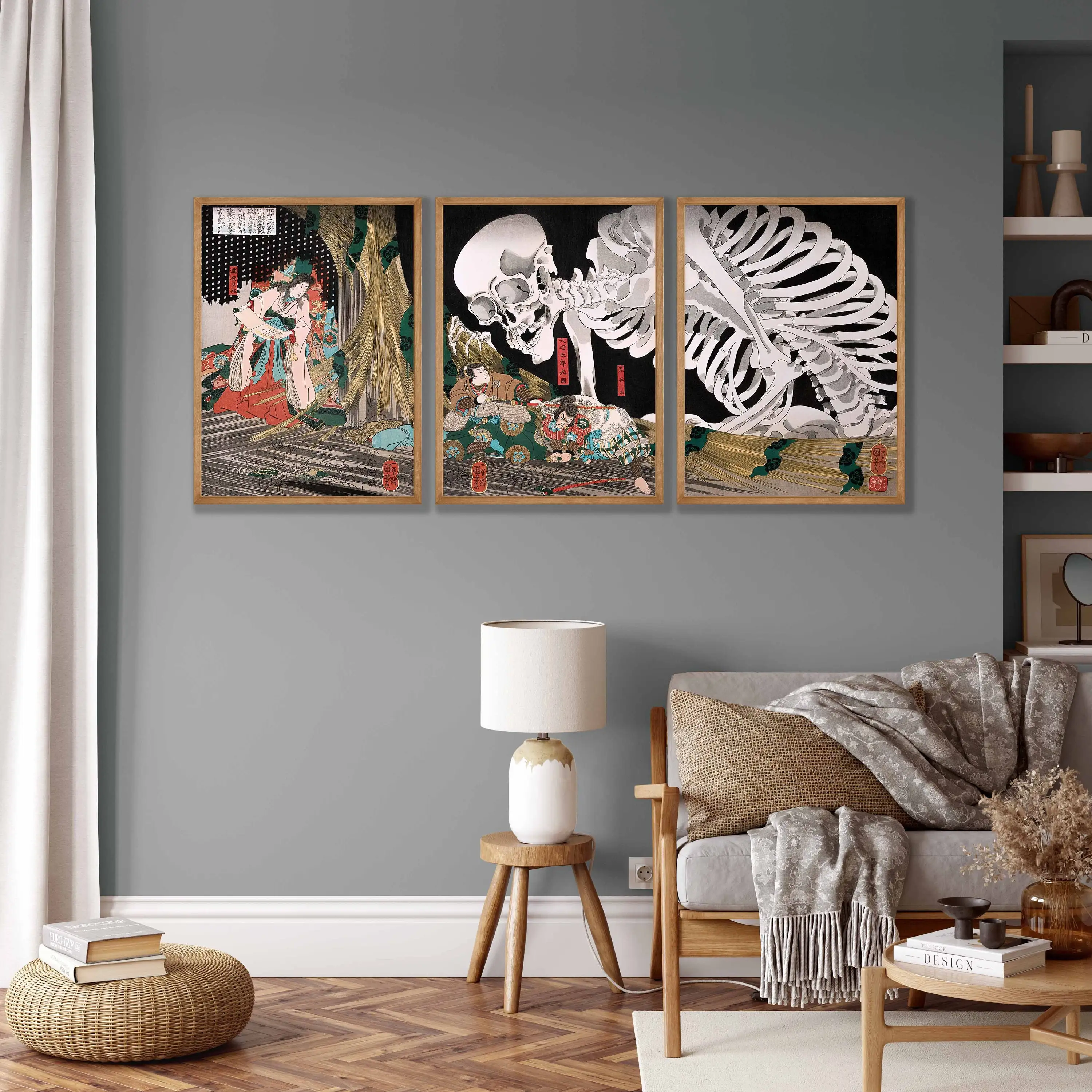 Japanese Skeleton Woodblock Print Set of 3 Utagawa Kuniyoshi Art Canvas Poster Prints Home Bedroom Living Room Decoration Gift