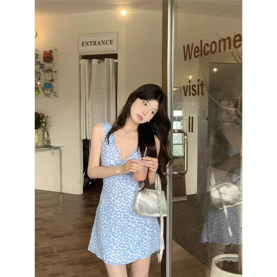 Elegant Floral Print  Dress Women's Summer New Style Slimming Vest Short Skirt Gentle Style High Waist Polyester Fabric