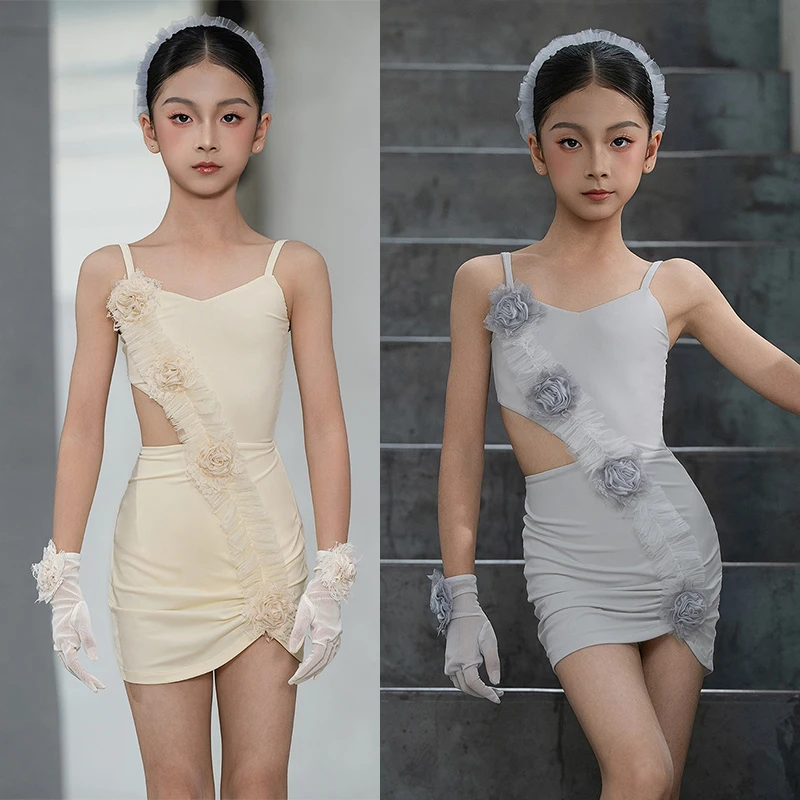 Latin Dance Competition Flower Dress Girls Kids 2026 Summer Chacha Dance Performance Costume Professional Dance Dress BL19225
