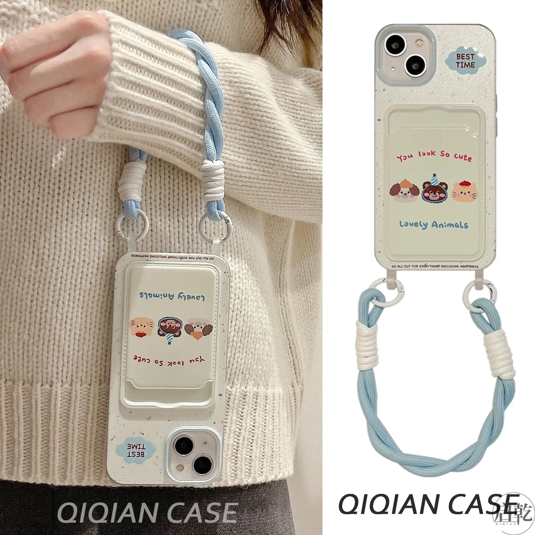 

Cat and dog are suitable for iPhone15 pro mobile phone case, new Apple 14promax card bag, card holder card 13pm portable lanyard