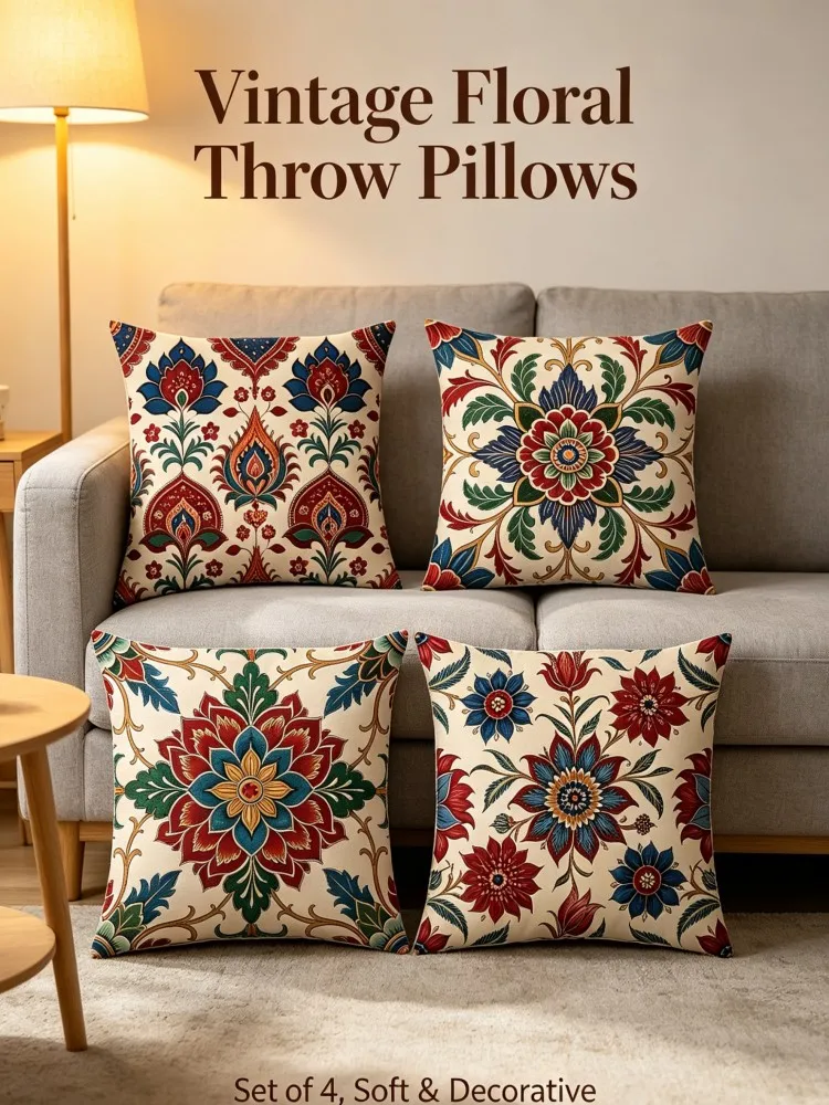 Retro Turkish Botanical Floral Cushion Covers, Antique Indian Ornament Print Square Pillow Cover for Couch Bedroom Balcony Rusti