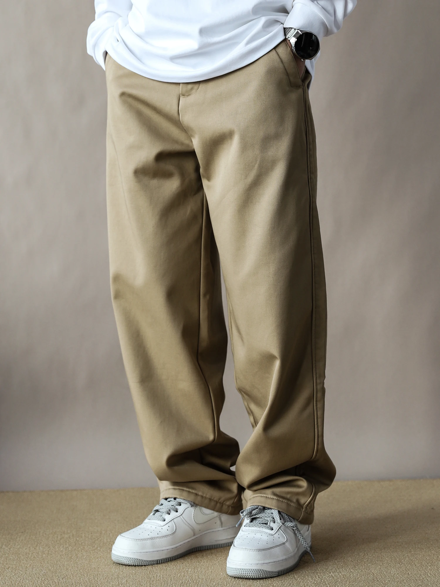 

Thiened Fce Lined Straight Leg Men's Casual Trousers All Match Workwear Pants Autumn Winter Khaki Trendy Brand Cotton