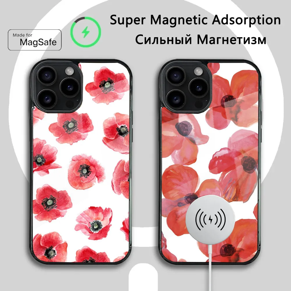 Red flowers Poppies pattern Phone Case For iPhone 16 15 14 13 12 11 Plus,Pro,Max Mini Magsafe Magnetic Wireless Charging