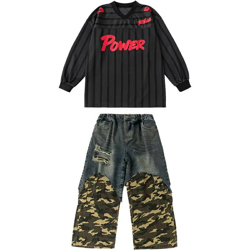 キッズK-POPヒップホップ服 ブラックストライプスウェットシャツ デニムブルーカモフラージュパッチワーク ストリートワイドパンツ 女の子男の子ダンスコスチューム服