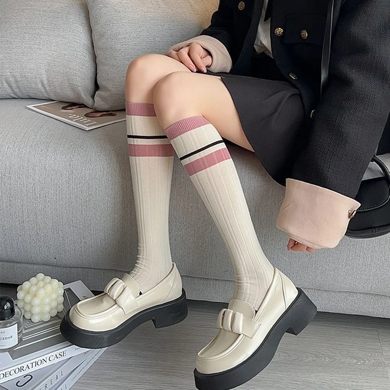 New Fashion Womens Stripe Print Knee High Socks Sweet Long Socks Breathable Stockings For Spring Fall Hot Sale