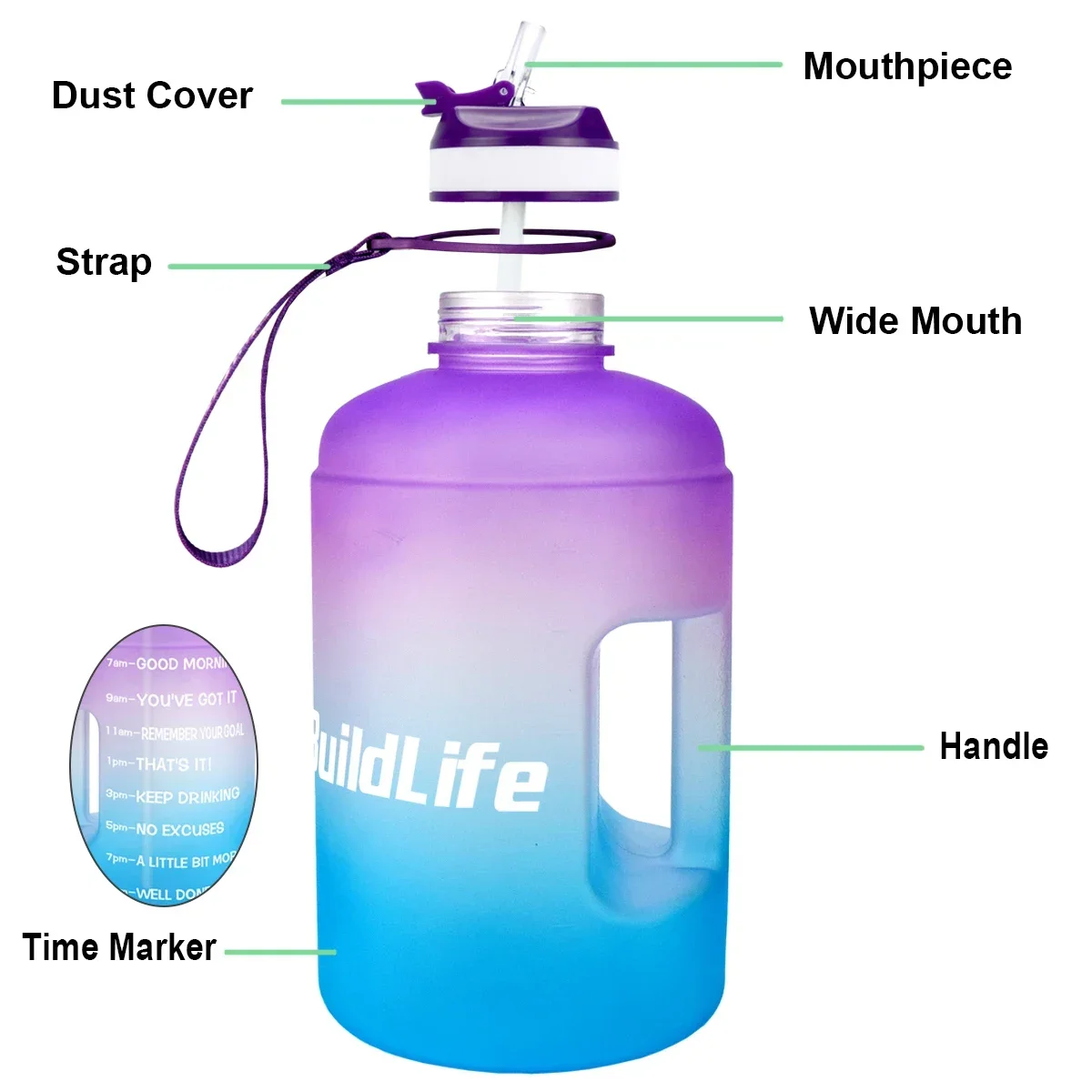 1 Gallon Water Bottle with Straw Time Marker 3.78L 2.2L 1.3L BPA Free Plastic Large Capacity Fitness Sport OutdoorJugs