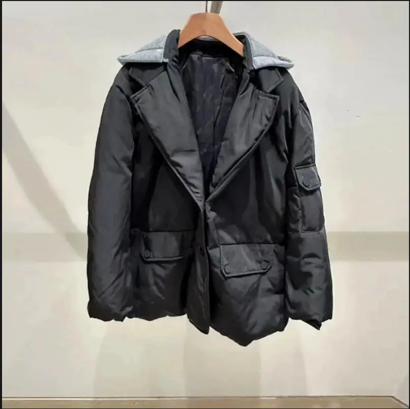 

Loose Cotton Jacket Casual Black Spliced Diamond Hooded Jacket, korean popular women's clothes winter clothes woman