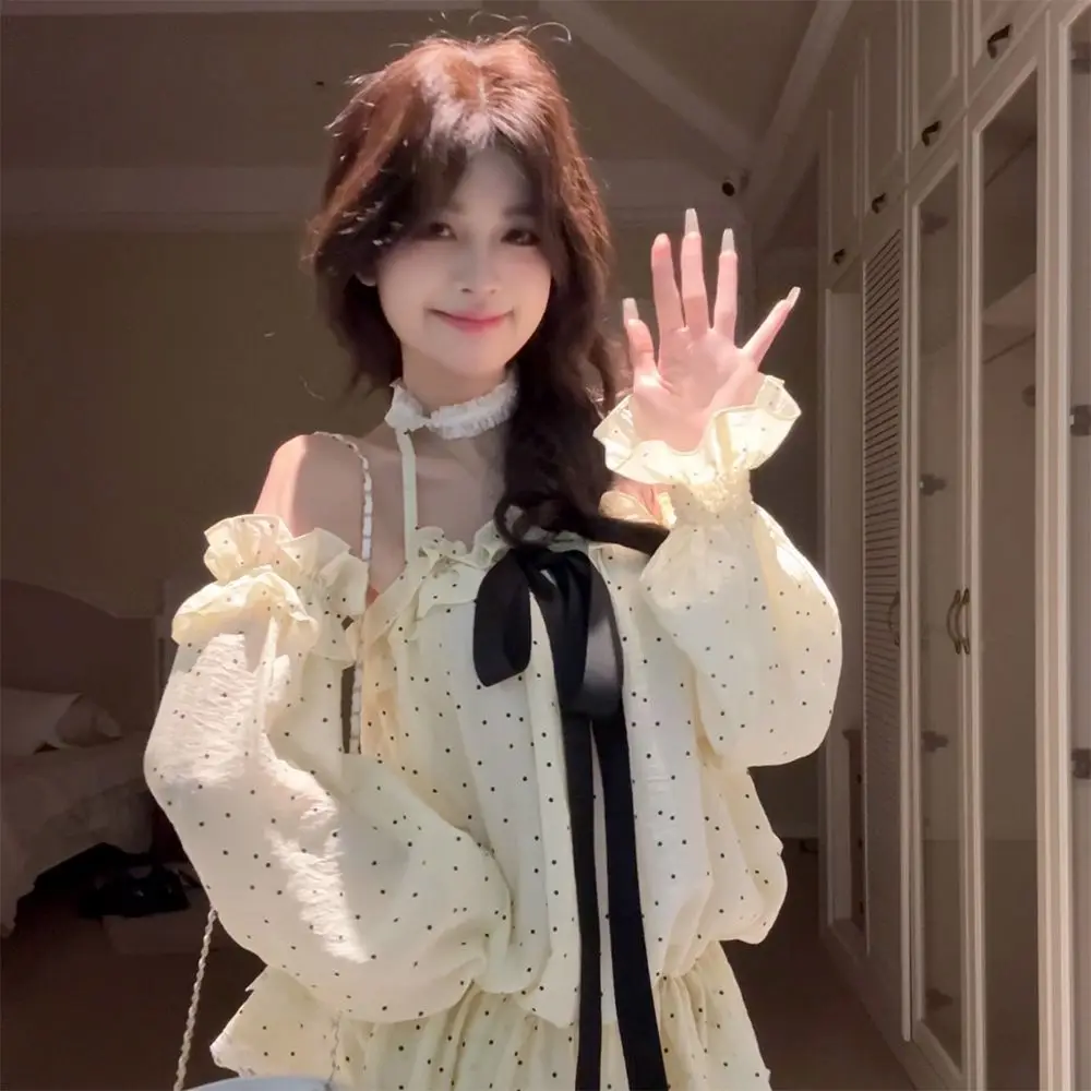 Mist White Tea Autumn Elegant And Luxurious Big Bow One Shoulder Top Polka Dot Skirt Pants Atmosphere Set