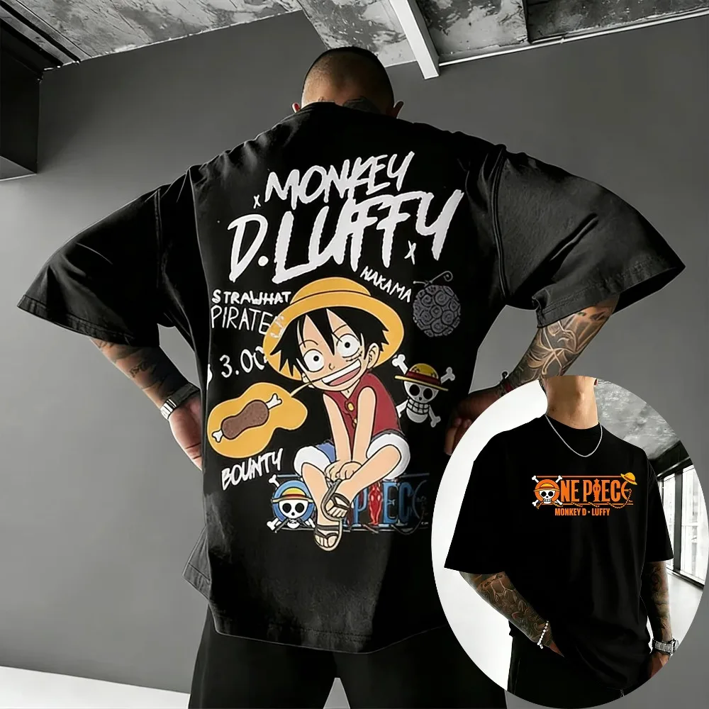 

Хлопковая футболка унисекс ONE PIECE Monkey D. Luffy, новинка лета 2026, свободная футболка с коротким рукавом в стиле Харадзюку с аниме-принтом для родителей и детей