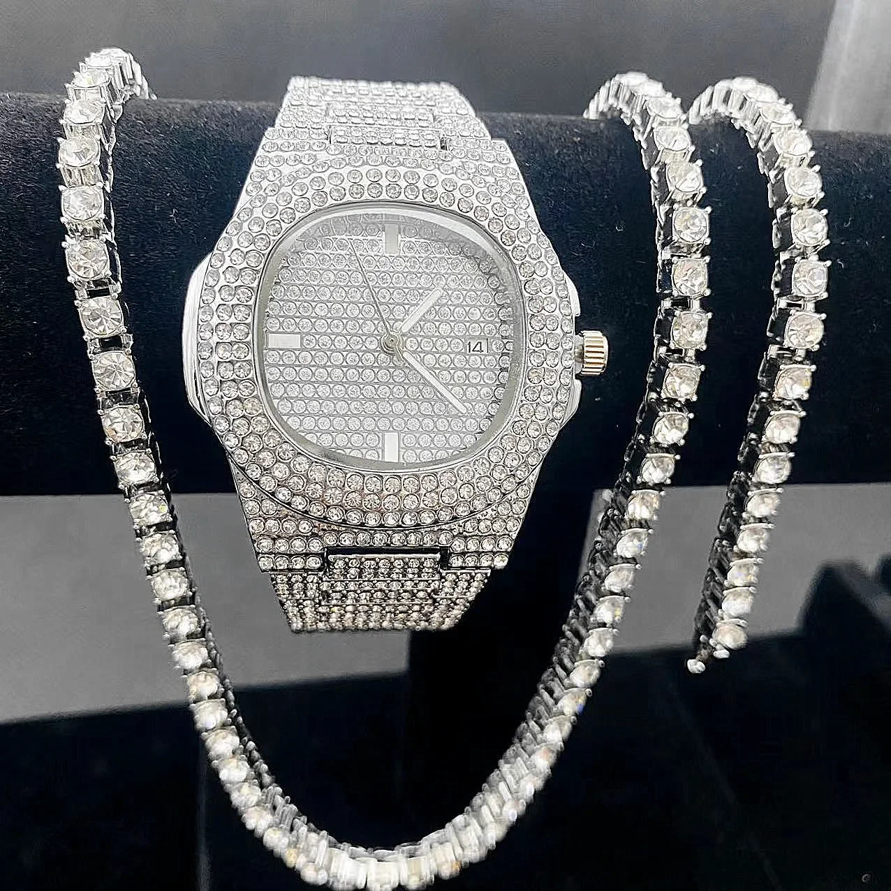 

Роскошные часы Iced Out из 3 предметов для мужчин и женщин, теннисная цепочка, браслет + ожерелья, блестящий комплект ювелирных изделий, роскошные мужские часы, женский календарь