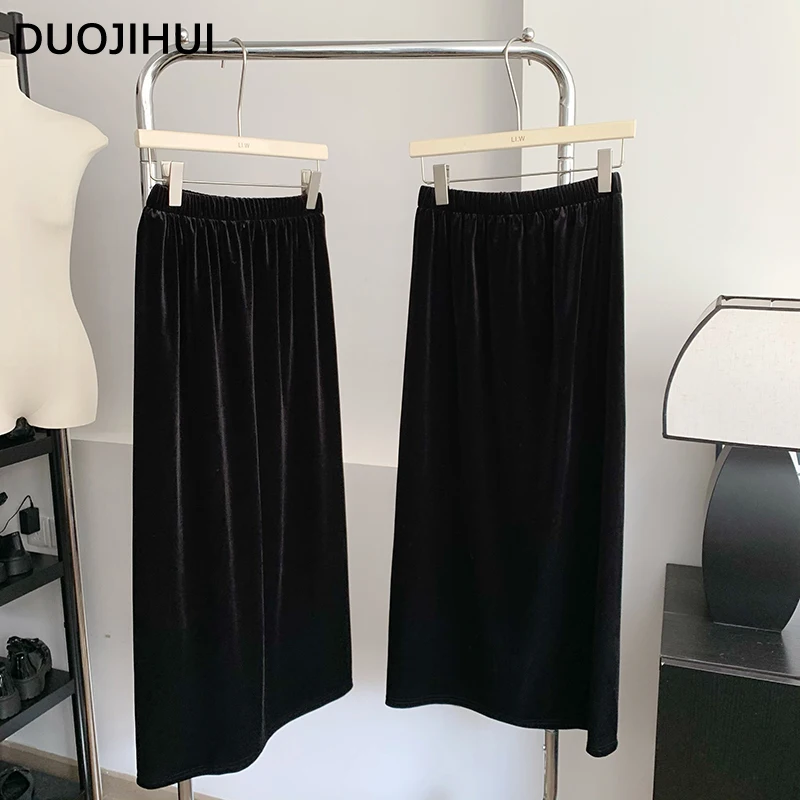 Duojihui schwarz schick geteilt lose Herbst Frauen Röcke neue klassische einfarbige Basic schlanke Mode einfache elegante weibliche Midi Rock