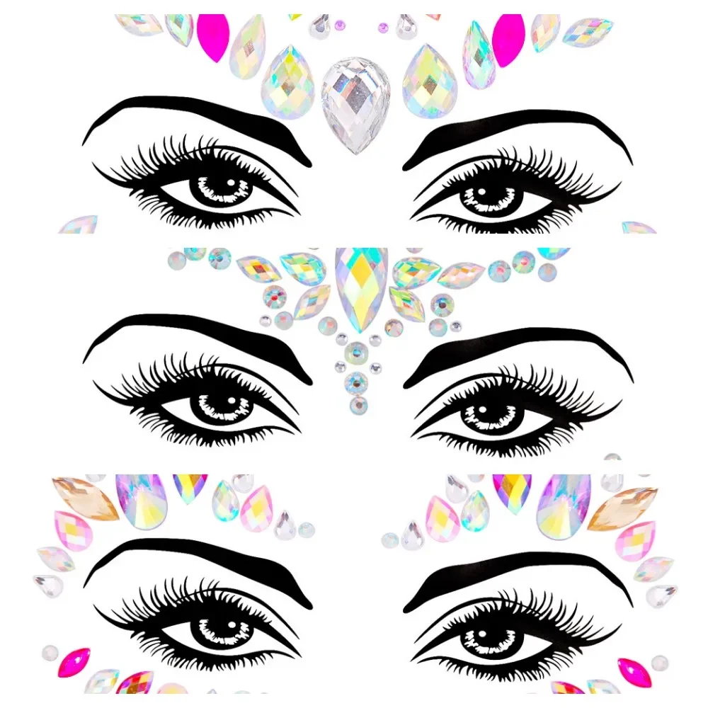 Colorful 3D Sexy Face Tattoo Stickers Temporary Tattoos Glitter Fake Tattoo Rhinestones for Woman Party Face Jewels Tatoos Girls