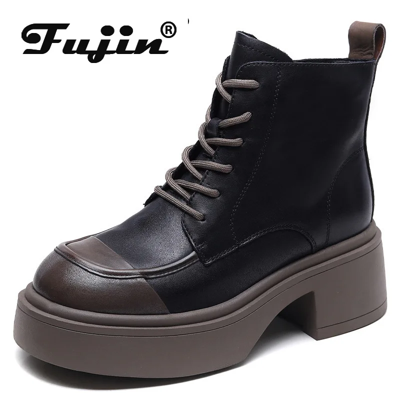 

Fujin 6.5CM Genuine Leather Women Autumn Fashion Boots Spring Winter 2024 Plush Warm Ankle Mid Calf Booties Motorcycles Shoes