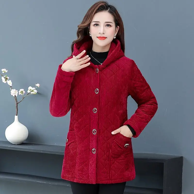 Women's Models Autumn Winter Tops Corduroy Cotton Jacket Middle-aged Hooded Padded Thickened Leisure Designed Retro Niche New