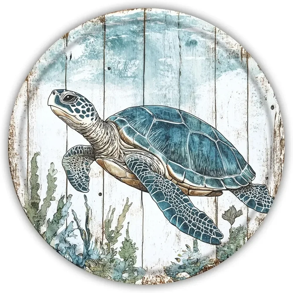 لافتة دائرية من القصدير مع السلاحف البحرية المبهجة، 20 سم - ديكور على الطراز الساحلي
