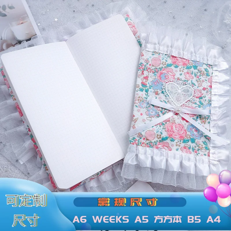 A5/A6/Weeks, giacca da libro in tessuto fatta a mano con copertina regolabile per libro a mano in pizzo e pizzo "Luna Coniglio Rosa", diario, blocco note, ledger