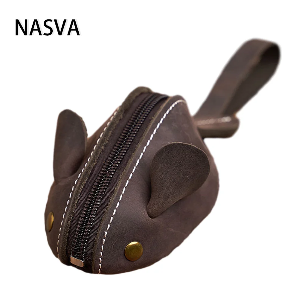 NASVA Genuine Leather Big Coin Purse Creative Lovely Rat Zipper Key Case Men Women Portable Key Wallets Children's Key Bags