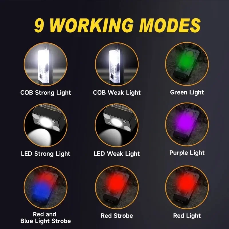 سلسلة مفاتيح COB تعمل بالطاقة الشمسية، مصباح يدوي صغير قابل لإعادة الشحن من النوع C مع مغناطيس لإصلاح التخييم مع فلاش انفجار أحمر أزرق